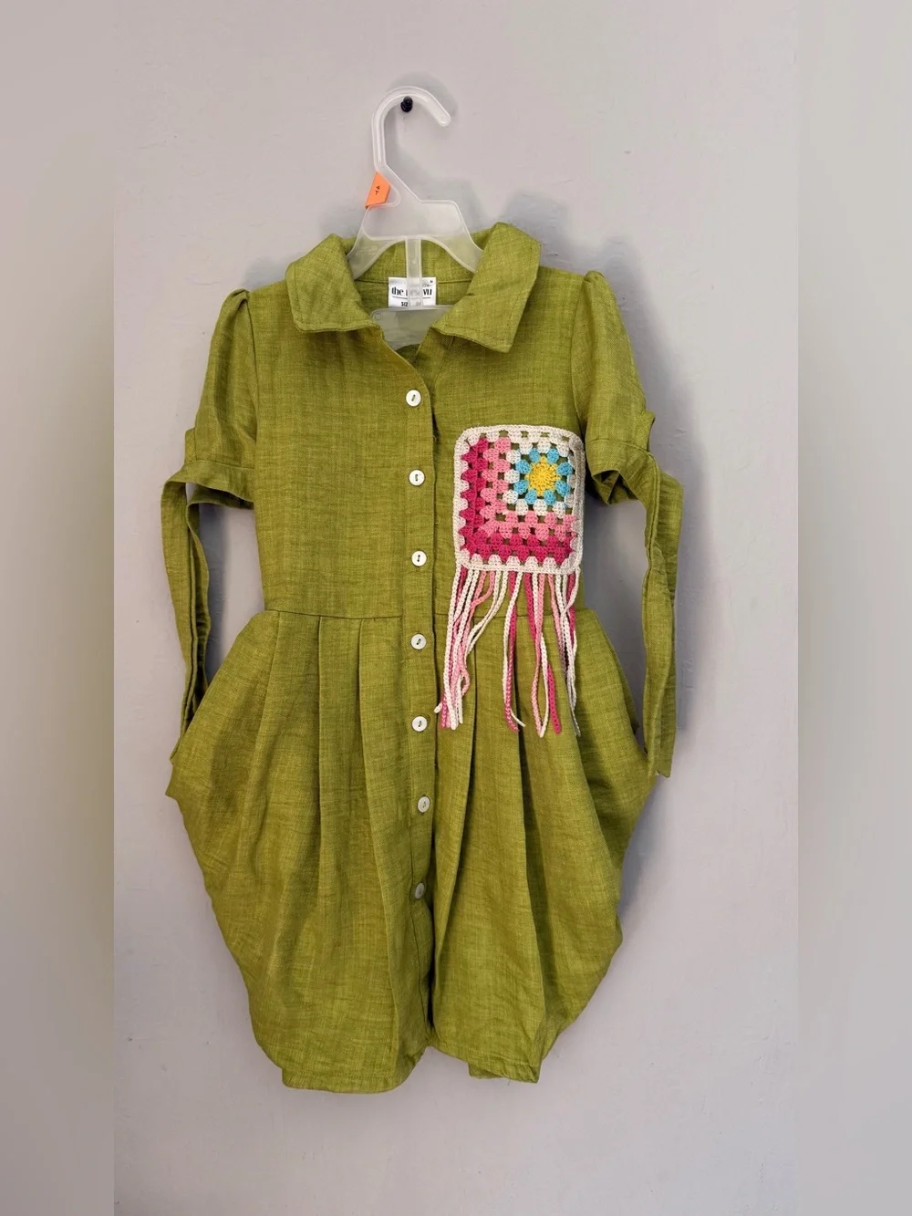 Kids Olive Green Button-Front Dress with Crochet Pocket